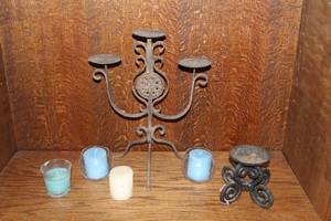 lot 360 image: rustic 3-arm wrought iron candelabra candle holder and more see pictures for details