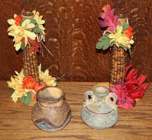 lot 361 image: two small, rustic decorative ceramic vessels and candle holders
