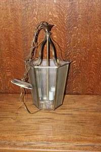 lot 420 image: vintage hexagonal glass and metal hanging candle lantern
