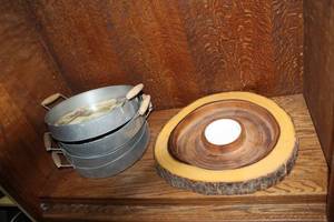 lot 404 image: rustic live-edge tree slice wooden  serving tray and farmhouse-style round galvanized metal serving trays