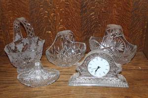 lot 409 image: vintage collection of clear cut lead crystal and glass decor, including woven-handle baskets and more