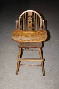 lot 442 image: vintage solid wood high chair features a classic hoop-and-spindle Windsor back and a built-in footrest