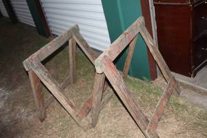 lot 459 image: pair of rustic, heavy-duty wooden sawhorses