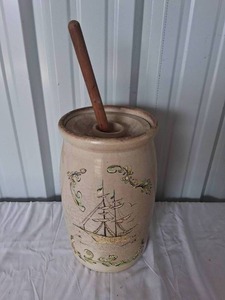 lot 34 image: Vintage Stoneware Crock Butter Churn with Hand Painted Sail Boat---Lid is chipped