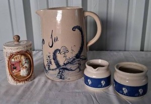 lot 54 image: Antique Stoneware Tea Pitcher, 1978 Sears & Roebuck Pioneer Woman Canister and Mortons Coffee Creamer and Sugar Bowls