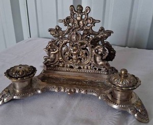 lot 58 image: Rococo Style Desktop Double Inkwell and Letter Holder--One of the Inkwell lids is broken