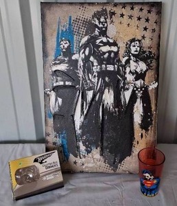 lot 66 image: Justice League Wall Decor 24x16, Loot crate Hoodies Flash Hood Ornament, Red Superman Glass