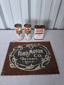 lot 145 image: Metal Ford Sign, 2 Motor Medic Unopened Cans, and Redwing Linseed Oil Can