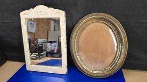 lot 68 image: Lot of 2 Vintage Wall Dcor.  Includes A Very Old Antique Wall Mirror & Oval Bubble Glass Porttrait Frame