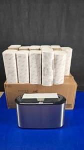 lot 76 image: Large Lot of Bathroom Towel Supplies.  Includes 23 Packs of Multi-Fold Towels & Towel Dispenser