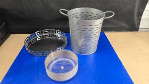 lot 84 image: Lot of Misc Home Dcor.  Includes Mirrored Tray, Olive Basket & Spinning Display Tray