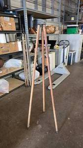 lot 88 image: Antique Wooden Round Leg Surveyors Tripod w Metal Tips