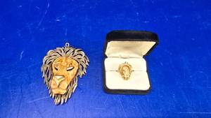 lot 199 image: Matching Vintage Lion Necklace Pendant & Ring.  (The lion head looks to be made of bone)