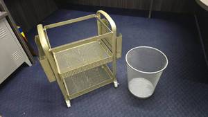 lot 239 image: Lot of Misc Office Supplies.  Includes Rolling Wire File Cart & Waste Basket