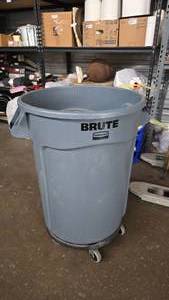 lot 244 image: Rubbermaid Brute Commercial 32 Gallon Trash Can w Rolling Base
