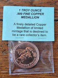 lot 17 image: 1 Troy ounce .999 fine copper medallion - dragon