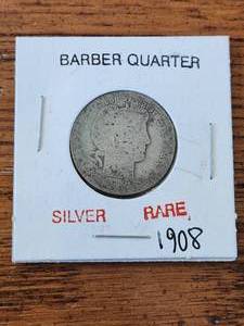 lot 84 image: 1908 silver Barber Quarter - rare