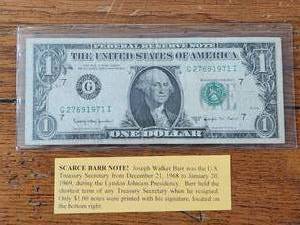lot 157 image: 1963B scarce Joseph Barr $1 bill