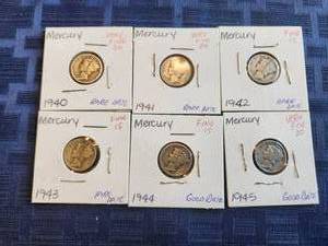 lot 126 image: Selection of 6 silver Mercury Dimes - 1940,41,42,43,44, and 1945 - Bidding x 6