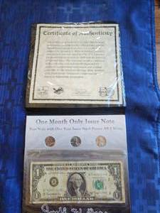 lot 100 image: American Heritage Mint - Historic U.S. Coinage set - 1943 steel penny set and A $1 Barr dollar