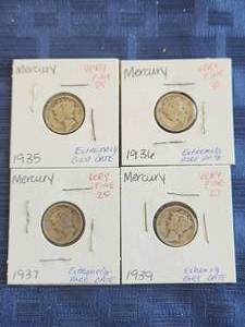 lot 163 image: Selection of 4 silver Mercury Dimes - 1935,36,37, and 1939 - bid x 4