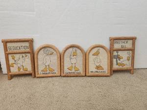 lot 172 image: Vintage Duck Tales cross-stitch plaques - Duck puns - created by artist John Baron