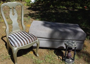 lot 65 image: Gold colored accent chair, Large ottemon, small accent table hand crafted in Ghana