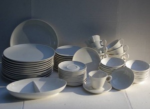 lot 59 image: Franciscan Whitestone Ware- Cloud Nine pattern 12 place setting  ( there are a couple pieces that have very minor chips) please see all photos