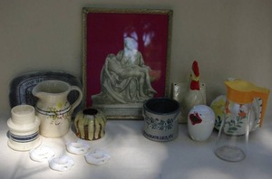 lot 91 image: Random Vintage kitchen lot- pottery, glass rooster napkin rings, religious framed art pewter platter, juice pitcher,creamer