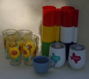 lot 93 image: Vintage drinking glasses- vintage style sunflower glass tumblers, complete set of 6 INGRID chicago rainbow stackable cups, fiesta coffe cup  and 2 stainless stell tumblers