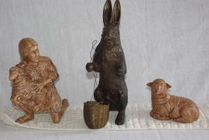 lot 142 image: Vintage terra-cotta chalkware and VictorianEdwardian cold-painted bronze or brass standing rabbit figurine with miniature woven wire basket