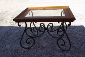lot 164 image: End table with glass top and iron bottom