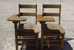 lot 176 image: 2 Vintage wooden school desk chairs with writing surfaces
