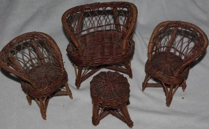 lot 217 image: Vintage dark brown miniature wicker doll furniture