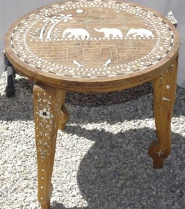lot 249 image: Vintage Anglo-Indian round wooden side table featuring bone and mother of pearl inlay of elephants