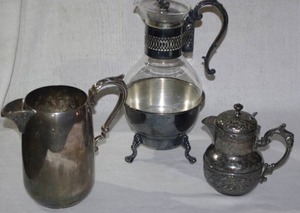 lot 264 image: Vintage silver-plated and glass coffee pot, Antique silver-plated coffee pot by Derby Silver Co., vintage silver-plated milk pitcher