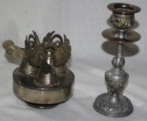 lot 265 image: Antique-style candelstick and vintage silver-plated triple angel music box