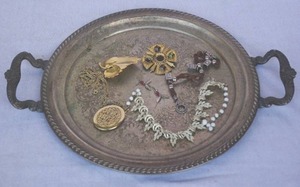 lot 299 image: Vintage Silverplate handled tray with Vintage jewelry