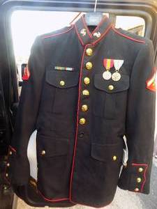 lot 3 image: Marine Jacket ,dress blues ,U.S. Armed forces medal NDSM, U.S. Marine Meritarius Commendation  Lance Corporal (E-3) Rank and Blue pants