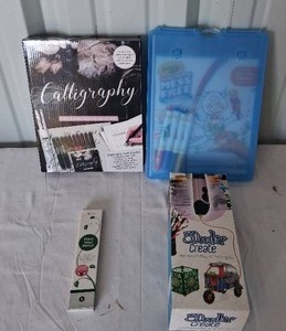 lot 112 image: Nice Art Lot Consisting of 3d Doodler Pen, Calligraphy Set, Kids Crayola Set, and Box of Pencils