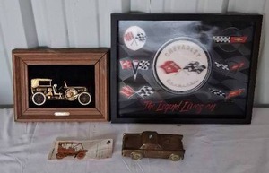 lot 128 image: Nice Selection of Automobile Related Items--Banthrico Coin Bank, Vintage Advertising Blotter, and 2 Pieces of Wall Decor