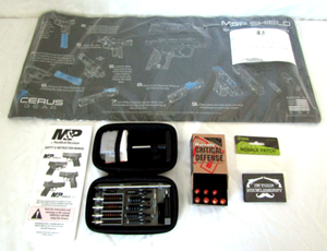 lot 500 image: Hornady Critical Defense .45 caliber ammo (7 rds), S&W M&P Shield gun matt (NEW), Smith & Wesson compact gun cleaning kit plus