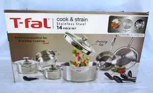 lot 571 image: T-fal cook & strain stainless steel 14 piece cookware set (Mildly used in like new condition)