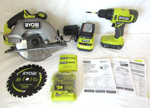 lot 539 image: Ryobi cordless circular saw, drill, charger plus 2 batteries, and accessories. LIKE NEW