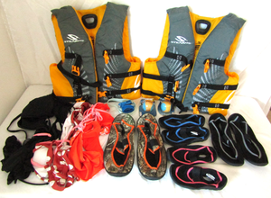 lot 556 image: Stearns childrens life vests, water moccasins, and more