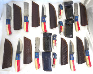 lot 565 image: NEW TEXAS THEME genuine Damascus steel blade knives with leather sheaths (Bid is times the quantity of 12)