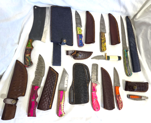 lot 570 image: NEW genuine Damascus steel blade knives with leather sheaths (Bid is times the quantity of 10)