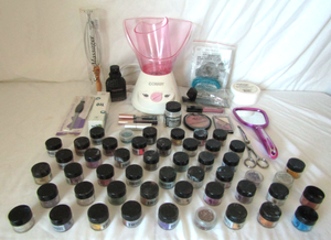 lot 587 image: Assorted makeup supplies and tools plus interference powders