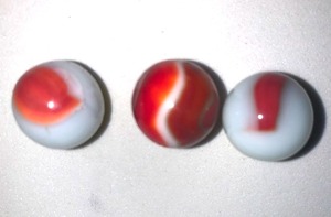 lot 20 image: LOT OF 3 OLD VINTAGE RED, WHITE & YELLOW SWIRL GLASS MARBLES