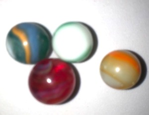 lot 24 image: LOT OF 4 OLD VINTAGE MULTICOLOR GLASS MARBLES  RED, GREEN, BLUE & ORANGE